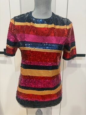 Trina Turk Multicolor Striped Sequin Short Sleeve Top XS